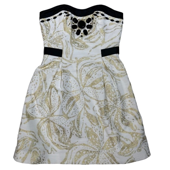 Lilly Pulitzer Gold Black White Christine Strapless Mini Dress Metallic - Picture 3 of 10